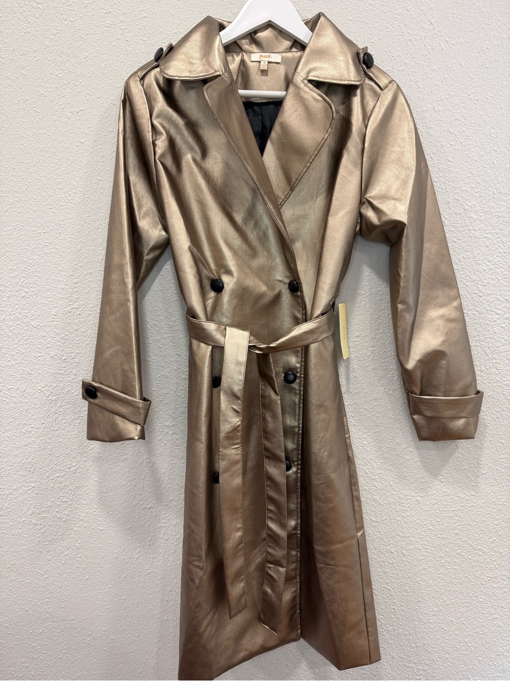 Peach Metallic champagne faux leather belted trenchcoat size small
